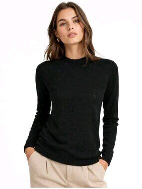 WinterSilks Black Silk Blend Mock Neck Sweater Women L Lightweight Luxe